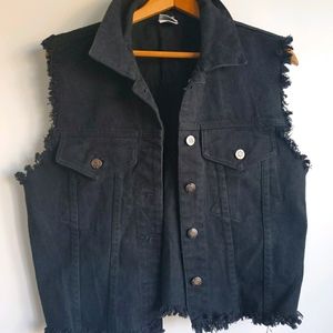 Vintage 1990s Black Distressed Denim Vest Large